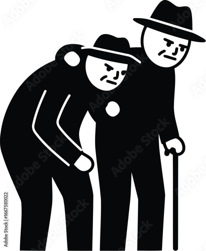 Elderly man supported by younger man black and white