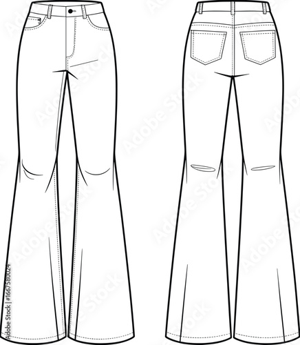 Technical fashion flat sketch of high waist flared jeans with pockets, yoke, belt loops, seams and topstitching, front and back views