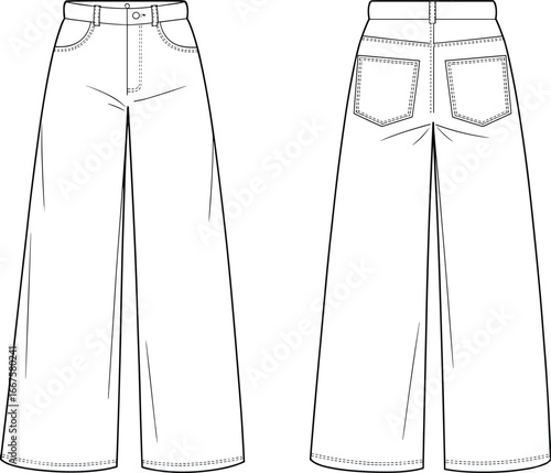 Technical fashion flat sketch of high waist wide‑leg pants with button closure, pockets, belt loops, fly, front and back views