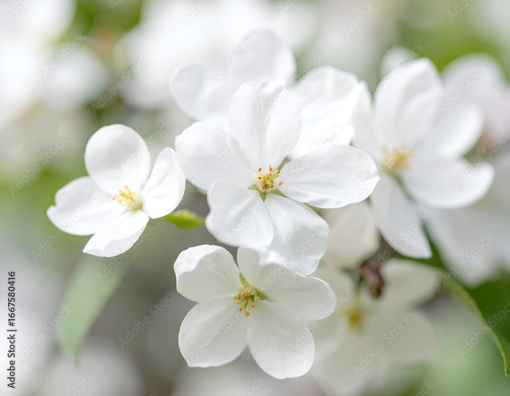 Obraz premium Close-up of delicate white spring blossoms with golden stamens against a soft bokeh background, representing nature's renewal and purity.