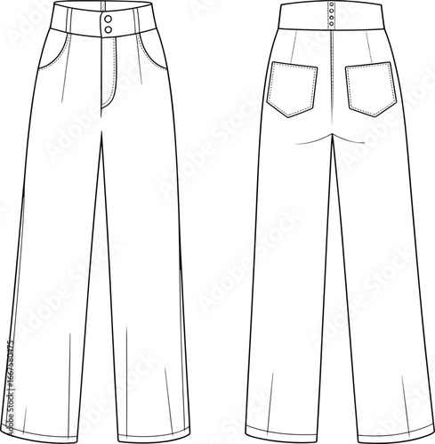 Technical fashion flat sketch of high waist wide‑leg pants with buttons, pockets, belt loops, structured seams, front and back views