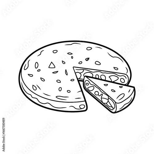 Hand drawn illustration of a sliced savory pie or quiche