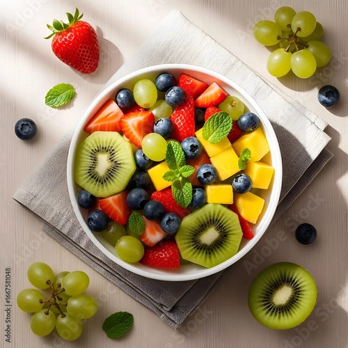​A vibrant flat lay of a fresh fruit salad in a white bowl, with bright colors and natural light.