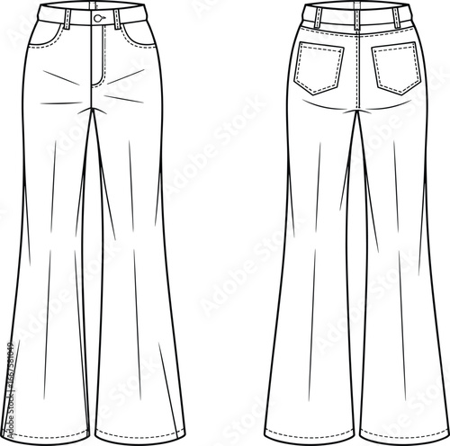 Technical fashion flat sketch of women’s high waist wide‑leg jeans with belt loops, pockets, zipper fly, decorative stitching, front and back views