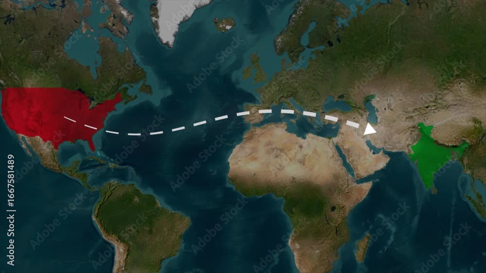 4K World Map Travel Route Animation. Global Flight Path Line Moving ...