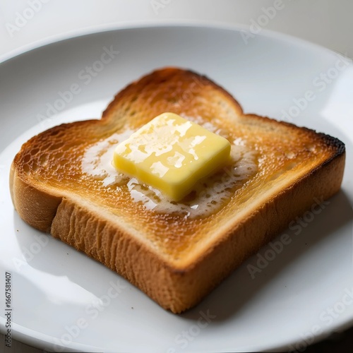 A minimalist photo of a perfectly toasted slice of bread with a square of butter melting on top.