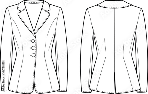 Technical fashion illustration of women’s tailored blazer, front and back views, with notched lapel, three buttons, princess seams, and center back vent