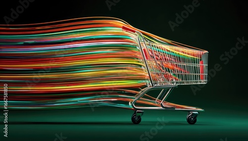 A shopping cart, stylized with vibrant, flowing, multicolored lines, suggesting speed and movement
