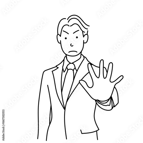 制止のジェスチャーをするスーツ姿の男性｜黒線の線画ベクターイラスト