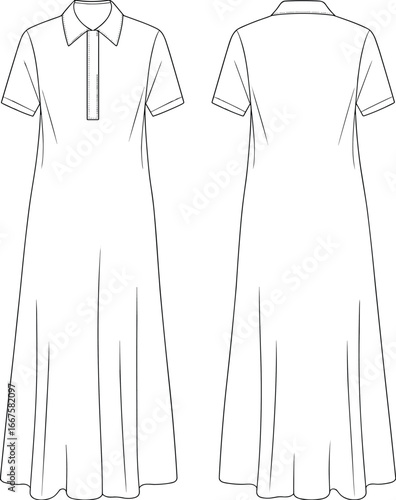 Technical fashion vector illustration of dress front and back view with collar, short sleeves, button placket, fitted bodice, and flared skirt design