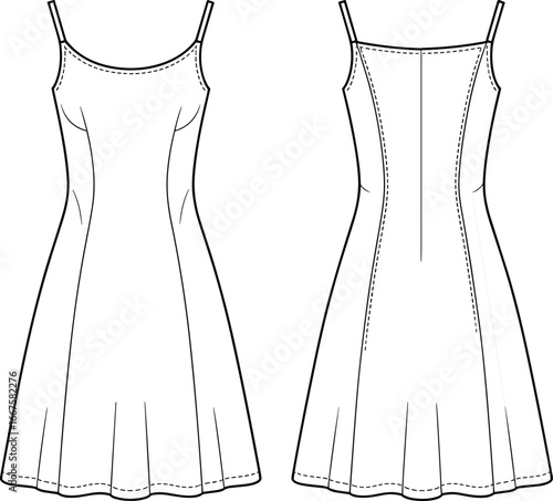Technical fashion vector illustration of sleeveless A-line dress front and back views with spaghetti straps, princess seams, fitted bodice, and flared skirt design
