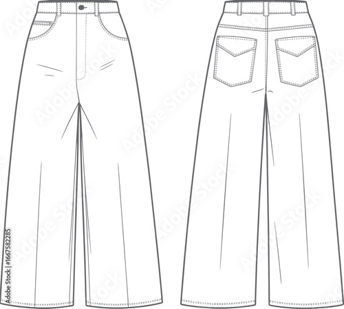 Technical fashion vector illustration of high‑waisted wide‑leg pants with pockets, waistband, belt loops, button closure, detailed stitching, front back views
