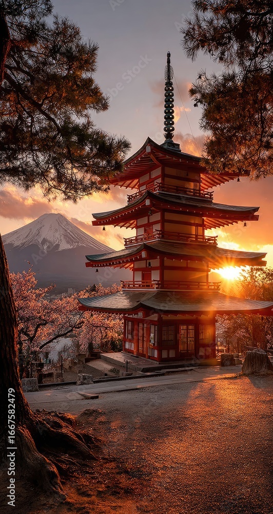 Naklejka premium Sunrise pagoda, mountain backdrop, cherry blossoms, Japanese temple