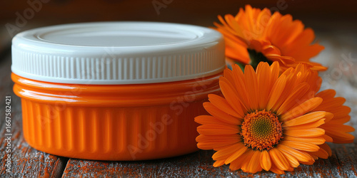 Bright Orange Jar with Two Orange Flowers Beside It,up by Nha Vu