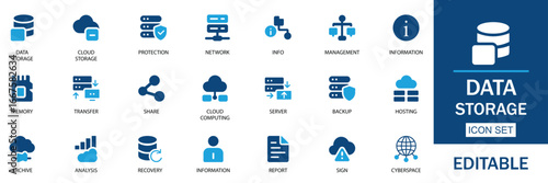 Data Storage Icon Set with editable vector icons for cloud computing, database management, server security, file backup, network storage, data protection, and digital information systems.