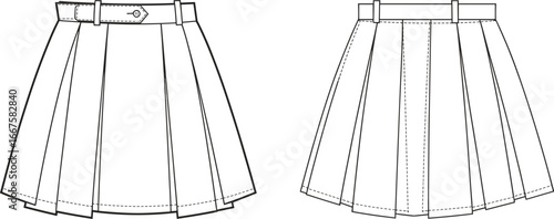 Technical flat fashion sketch of pleated skirt with waistband, belt loops, buckle belt, button detail, front and back structured pleat views