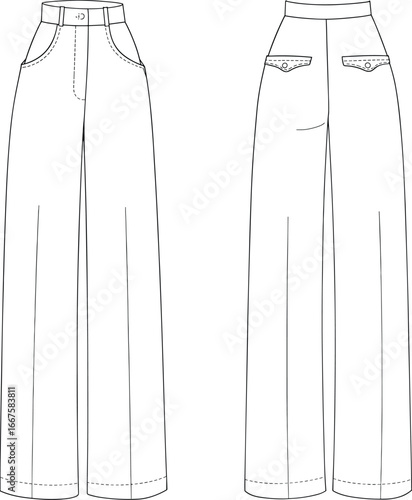 Technical flat fashion sketch of women’s high waist wide‑leg trousers with belt loops, pockets, button fly, front and back detailed views