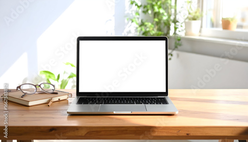 Wallpaper Mural Laptop on wooden desk with natural light Torontodigital.ca