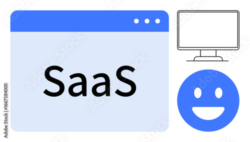 Browser window labeled SaaS, simplified computer monitor, and smiling face icon. Ideal for technology services, software, business growth, user experience, cloud computing, innovation simple landing