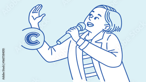 Young Person Singing into Microphone, Copyright Symbol, Line Art, Upbeat Mood,  Positive Energy, Creative Expression.