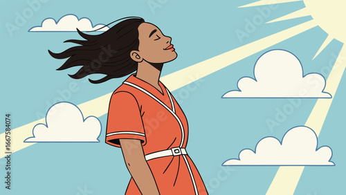 Serene Woman in Coral Dress, Windblown Hair, Sunny Day, Retro Style Illustration