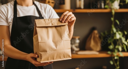 Person holding a brown paper bag in a shop or cafe environment for takeout orders