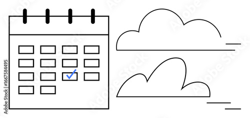 Calendar with a check-marked date alongside moving clouds, representing scheduling, time management, and deadlines. Ideal for productivity, organization, planning, goal setting, daily scheduling