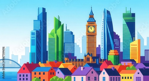 Wallpaper Mural Vibrant cityscape illustration showcasing iconic london landmarks and modern skyscrapers against a bright blue sky Torontodigital.ca