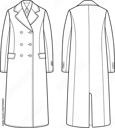 Technical flat sketch of long double breasted overcoat with notched lapel, front and back view fashion illustration for garment design reference