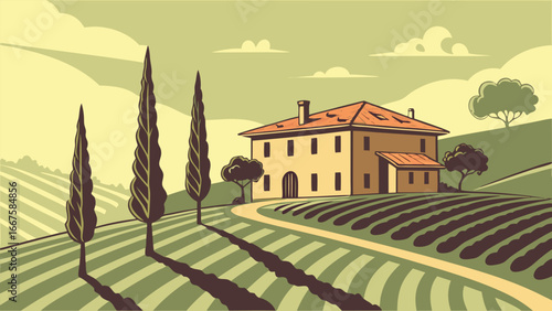 Tuscan Villa: Vintage Style Rural Landscape Illustration, Serene Countryside Home, Rolling Hills, Cypress Trees