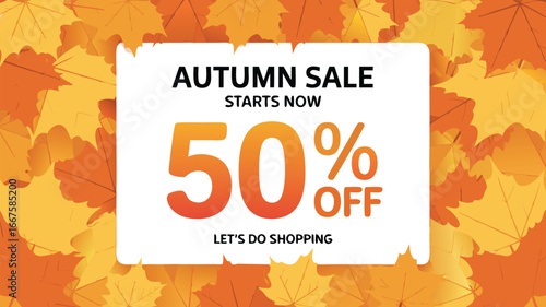 50 Percent Off Autumn Sale Banner with Colorful Fall Leaves Background, Shopping Promo