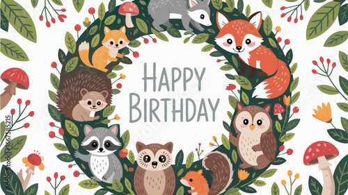 Adorable Forest Animals Wreath Illustration with Happy Birthday Typography for Greeting Card Designs