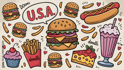 American Food Doodles Burgers, Fries, Hot Dog, Cake, Milkshake, and Cupcake Illustration with U.S.A. Bubble