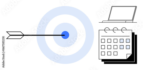 Arrow striking target, open laptop, and calendar signify goal focus, planning, and organization. Ideal for productivity, time management, strategic planning, goal achievement business efficiency
