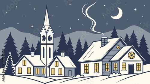 Serene Nighttime Village Scene: Cozy Cottages, Church Steeple, Snowy Landscape, Retro Style Illustration