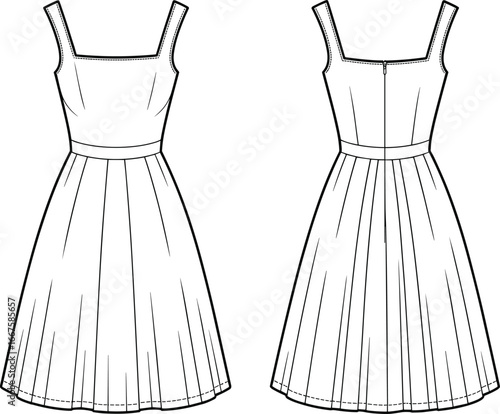 Technical flat sketch of sleeveless midi pleated dress with square neckline, wide straps, front and back views for garment design templates