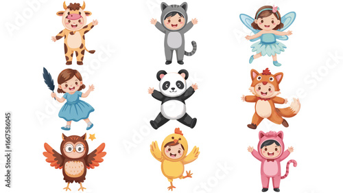 Cartoon Children in Animal and Fairy Costumes for Halloween or Dress Up Fun