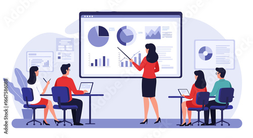 Business presentation with charts and graphs during a meeting with colleagues and a female speaker