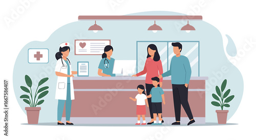 Family at the hospital reception, with medical staff assisting them at the counter, conveying a sense of care and support in a healthcare setting