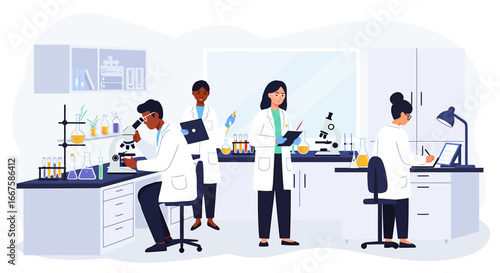 A diverse team of scientists in a modern laboratory conducting scientific research, medical analysis, and experiments. Flat vector illustration