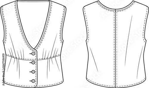 Technical flat sketch of women’s sleeveless vest with deep V‑neckline, button closure, darts, front and back views for garment design templates