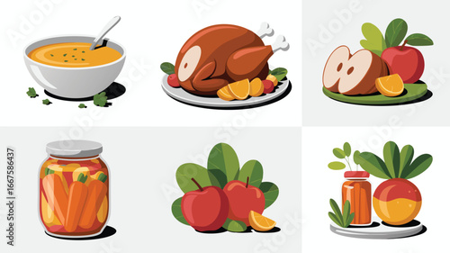 Cartoon Illustration Featuring Soup, Roasted Turkey, Sliced Apple, Pickled Carrots and Fresh Apples