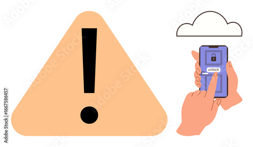 Warning triangle with exclamation point, hand unlocking smartphone, cloud icon above. Ideal for security, cyber threat, data protection, risk management, precaution mobile access awareness. Simple