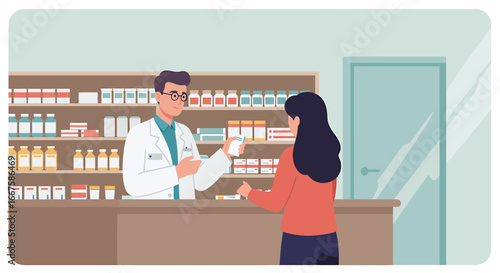 Pharmacist Assisting Customer in Pharmacy Medication Consultation and Dispensing
