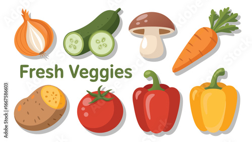 Cartoon of Fresh Vegetables Onion, Cucumber, Mushroom, Carrot, Potato, Tomato, and Peppers