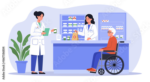 Pharmacist serving an elderly patient in a wheelchair at the pharmacy counter, providing medication and healthcare advice