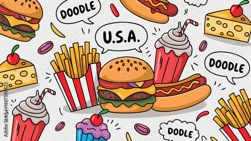 Cartoon Style Food Doodle Burgers, Hotdogs, Fries, Cupcakes, Sundaes, and Cheese Doodles