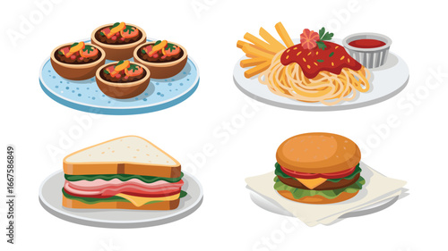 Cartoon Style Illustration of Four Plates Containing Appetizers, Spaghetti, a Sandwich, and a Burger