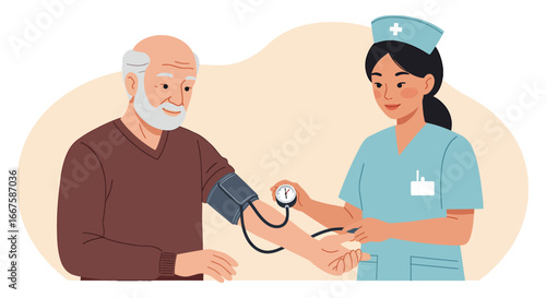 Nurse Taking Blood Pressure of Elderly Man Healthcare and Medical Examination Concept Illustration