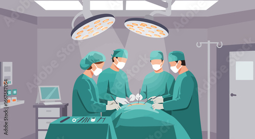 Professional team of surgeons in sterile green scrubs and masks performing a critical operation in a modern hospital surgery room